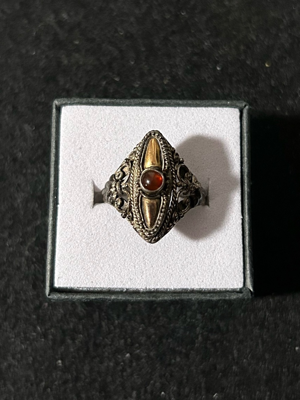 Vintage Two-Tone 925 Sterling Silver Filigree Ring Red Cabochon Size 7.5
